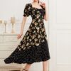 SHEIN Puff Sleeve Sweetheart Neck Floral & Dot Asymmetrical Hem Dress