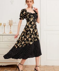 SHEIN Puff Sleeve Sweetheart Neck Floral & Dot Asymmetrical Hem Dress