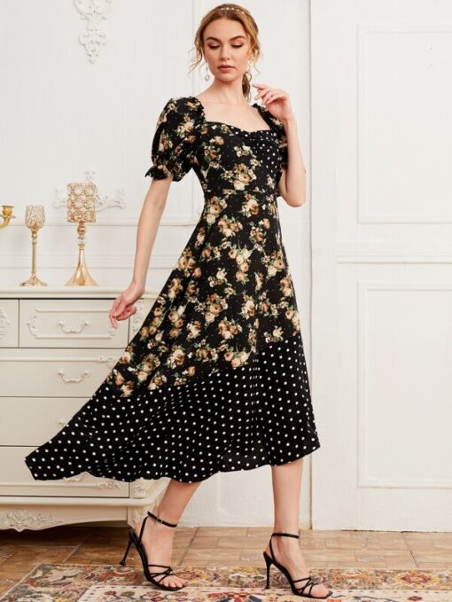 SHEIN Puff Sleeve Sweetheart Neck Floral & Dot Asymmetrical Hem Dress