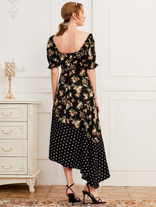 SHEIN Puff Sleeve Sweetheart Neck Floral & Dot Asymmetrical Hem Dress - Image 2