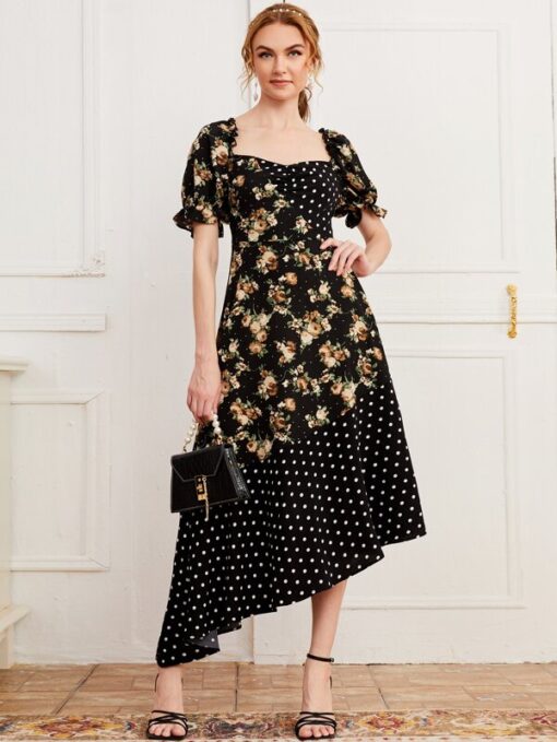 SHEIN Puff Sleeve Sweetheart Neck Floral & Dot Asymmetrical Hem Dress - Image 3