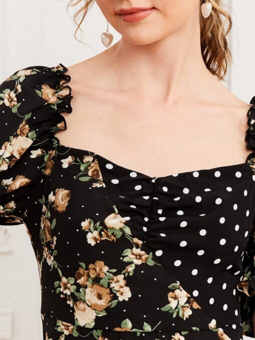 SHEIN Puff Sleeve Sweetheart Neck Floral & Dot Asymmetrical Hem Dress - Image 4