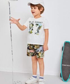SHEIN Toddler Boys Letter Graphic Top & Cartoon Graphic Shorts Set