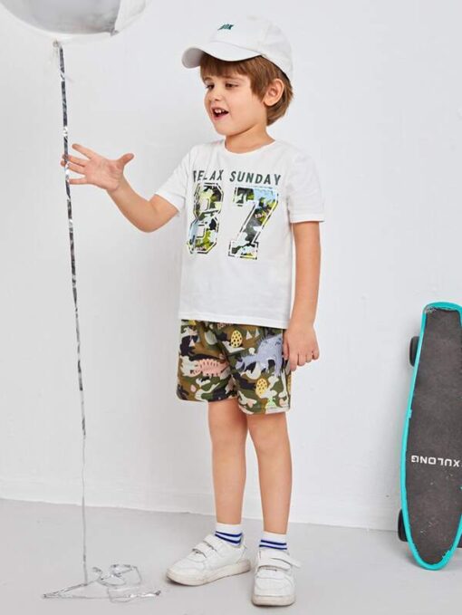 SHEIN Toddler Boys Letter Graphic Top & Cartoon Graphic Shorts Set