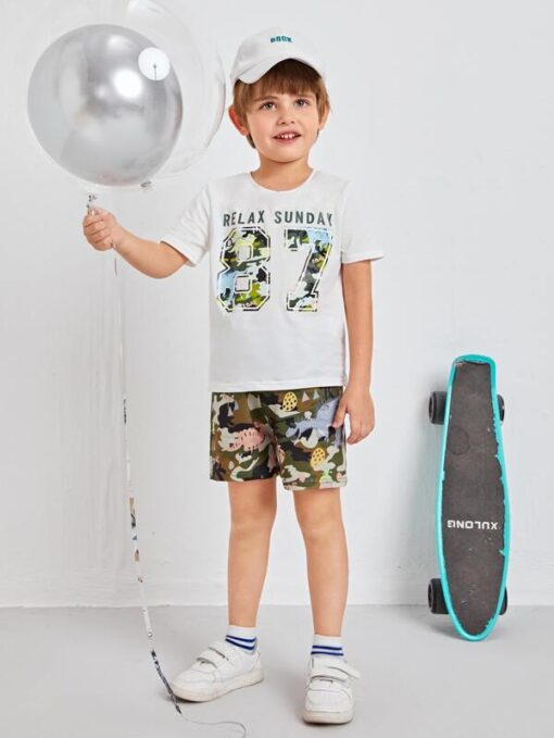 SHEIN Toddler Boys Letter Graphic Top & Cartoon Graphic Shorts Set - Image 3