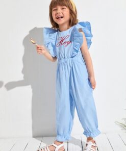 SHEIN Toddler Girls Embroidery Letter Ruffle Armhole Jumpsuit
