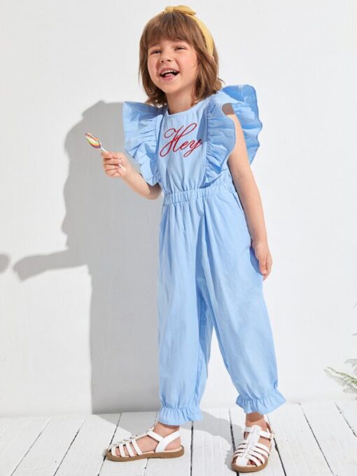 SHEIN Toddler Girls Embroidery Letter Ruffle Armhole Jumpsuit