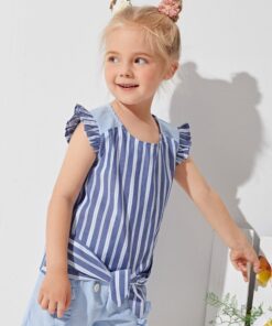 SHEIN Toddler Girls Ruffle Armhole Tie Front Striped Top