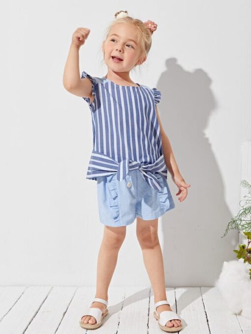 SHEIN Toddler Girls Ruffle Armhole Tie Front Striped Top - Image 4