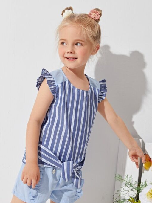 SHEIN Toddler Girls Ruffle Armhole Tie Front Striped Top