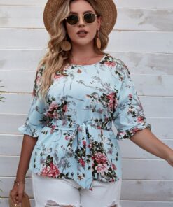 Shein Plus Floral Print Flounce Sleeve Belted Blouse