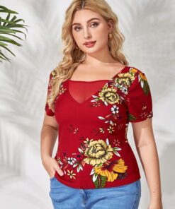 Shein Plus Floral Print Square Neck Tee