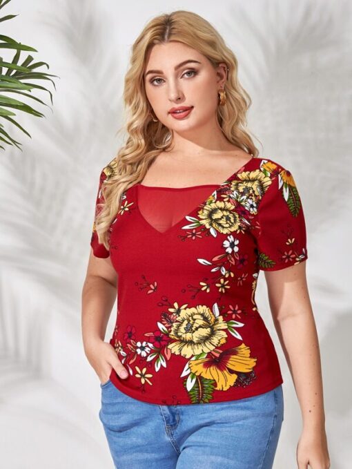 Shein Plus Floral Print Square Neck Tee