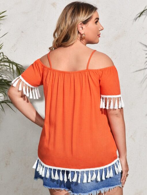 Shein Plus Tassel Trim Cold Shoulder Blouse - Image 2
