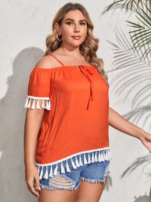 Shein Plus Tassel Trim Cold Shoulder Blouse - Image 4