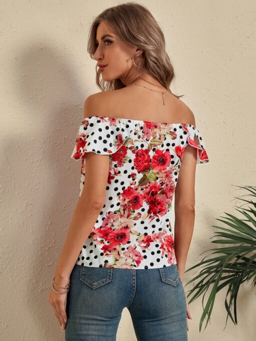 SHEIN Floral And Polka Dot Off The Shoulder Blouse - Image 2