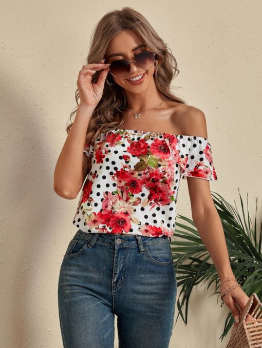 SHEIN Floral And Polka Dot Off The Shoulder Blouse - Image 4