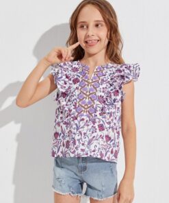 SHEIN Girls Floral Print Ruffle Armhole Top