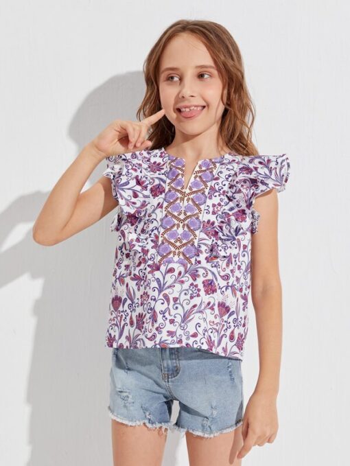 SHEIN Girls Floral Print Ruffle Armhole Top