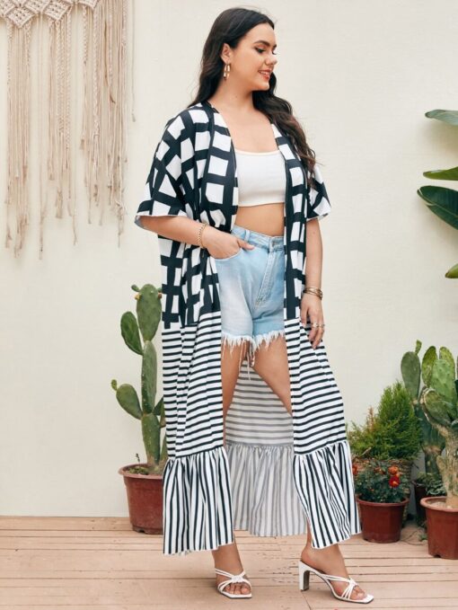 SHEIN Plus Plaid & Striped Ruffle Hem Kimono - Image 3