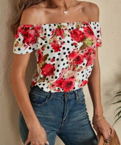 SHEIN Floral And Polka Dot Off The Shoulder Blouse