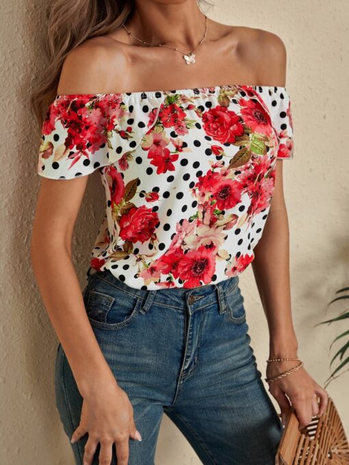 SHEIN Floral And Polka Dot Off The Shoulder Blouse