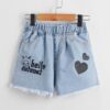 Shein Girls Heart And Letter Graphic Raw Hem Denim Shorts