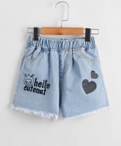 Shein Girls Heart And Letter Graphic Raw Hem Denim Shorts