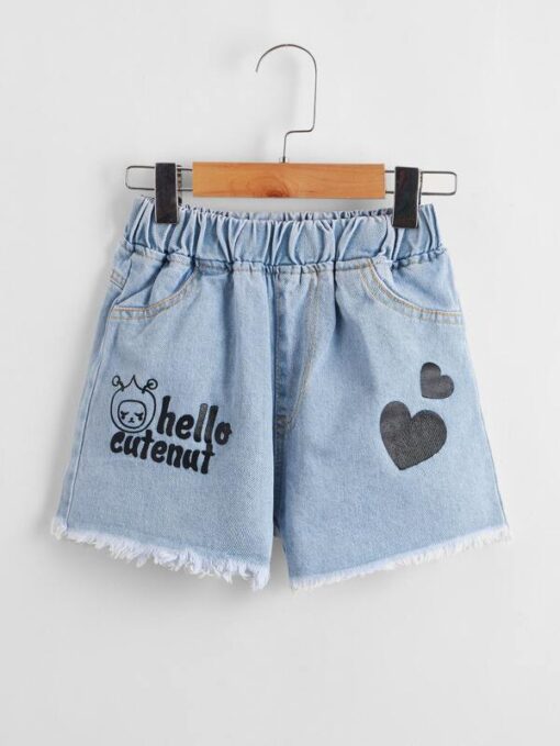 Shein Girls Heart And Letter Graphic Raw Hem Denim Shorts