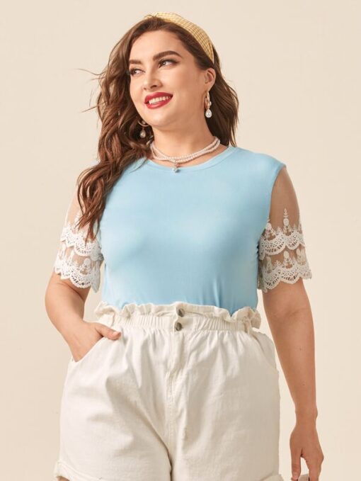 Shein Plus Contrast Lace Sleeve Tee