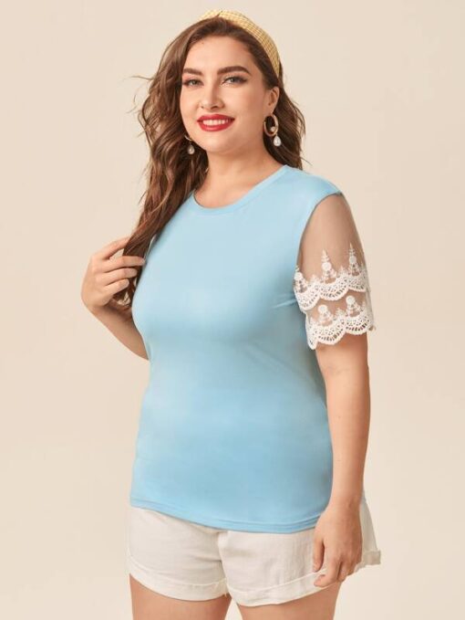 Shein Plus Contrast Lace Sleeve Tee - Image 4