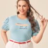 Shein Plus Letter Graphic Puff Sleeve Tee