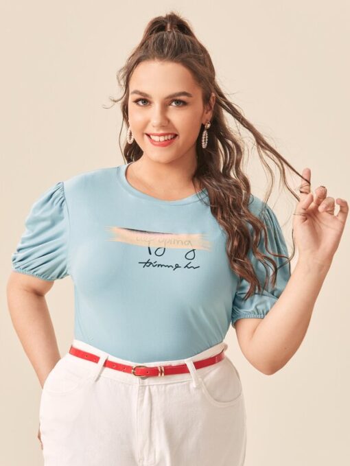 Shein Plus Letter Graphic Puff Sleeve Tee