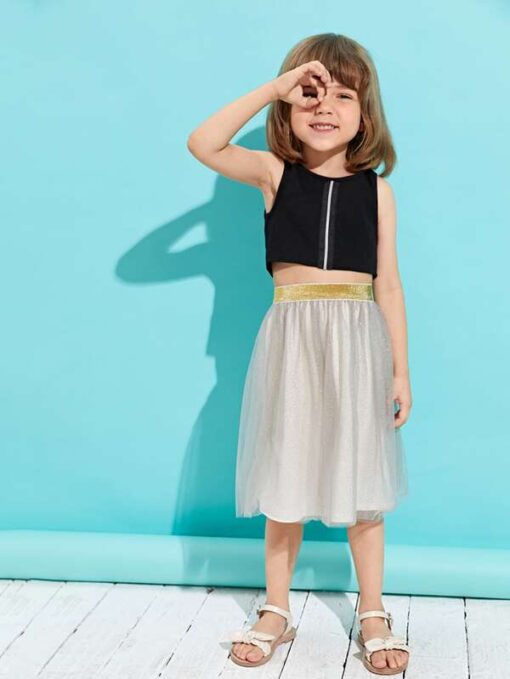 Shein Toddler Girls Zip Detail Tank Top & Mesh Skirt