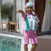 SHEIN Bikinx Toddler Girls Cartoon Cat & Letter Graphic Floating Swimsuit With Swim Cap