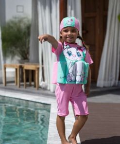 SHEIN Bikinx Toddler Girls Cartoon Cat & Letter Graphic Floating Swimsuit With Swim Cap