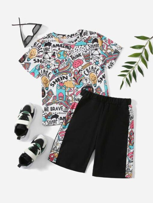 SHEIN Boys Letter & Graphic Print Tee and Shorts Set