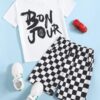 SHEIN Boys Letter Graphic Tee & Checked Shorts Set