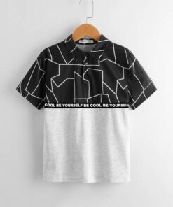 SHEIN Boys Slogan Tape Detail Geo Print Colorblock Polo Shirt