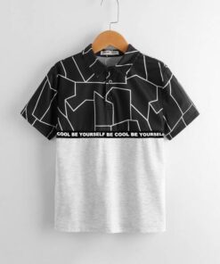 SHEIN Boys Slogan Tape Detail Geo Print Colorblock Polo Shirt
