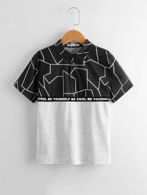 SHEIN Boys Slogan Tape Detail Geo Print Colorblock Polo Shirt