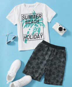 SHEIN Boys Slogan and Coconut Tree Print Top & Shorts Set