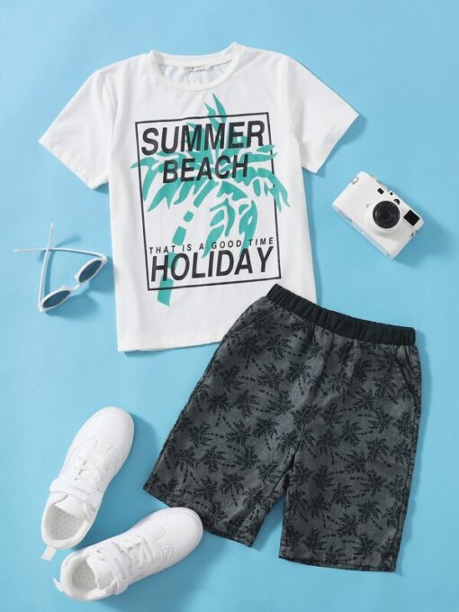 SHEIN Boys Slogan and Coconut Tree Print Top & Shorts Set