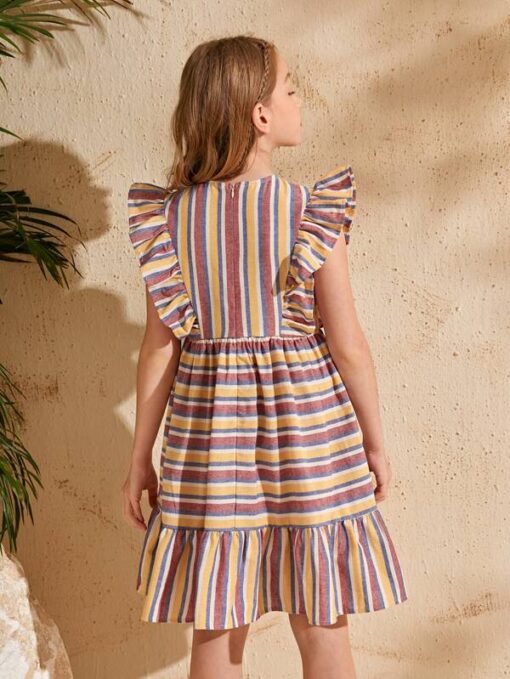 SHEIN Girls Ruffle Trim Striped Colorblock Dress - Image 2