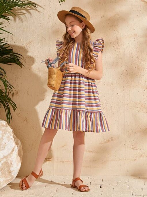 SHEIN Girls Ruffle Trim Striped Colorblock Dress - Image 3