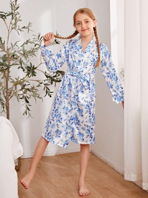 SHEIN Girls Satin Floral Belted Robe - Image 3