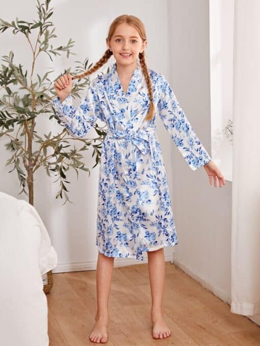 SHEIN Girls Satin Floral Belted Robe - Image 2