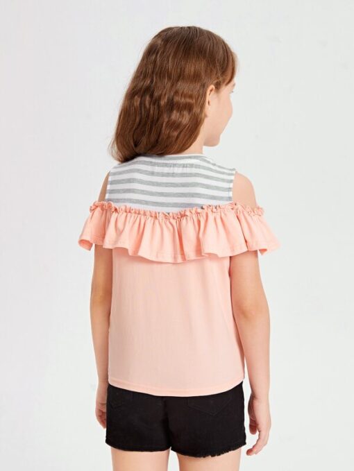 SHEIN Girls Striped Letter Graphic Ruffle Detail Tee - Image 2