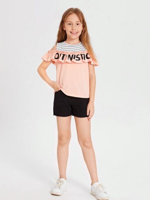 SHEIN Girls Striped Letter Graphic Ruffle Detail Tee - Image 3