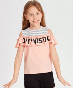 SHEIN Girls Striped Letter Graphic Ruffle Detail Tee